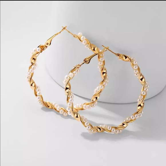 Twisted Faux Pearl Gold Hoop Earrings - Picture 4 of 8
